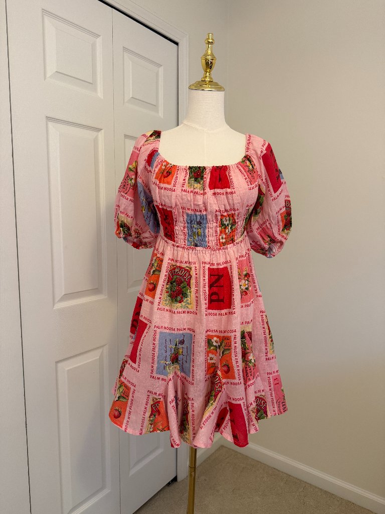 Palm Noosa Flora Dress Strawberry Stamp Linen Puff Sleeve Pink Mini Au 10 Us 6 — image 4 of 8